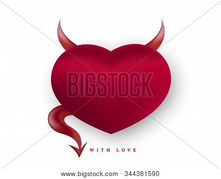 Red Heart Devil With Horns And Tail Isolated On White Background.