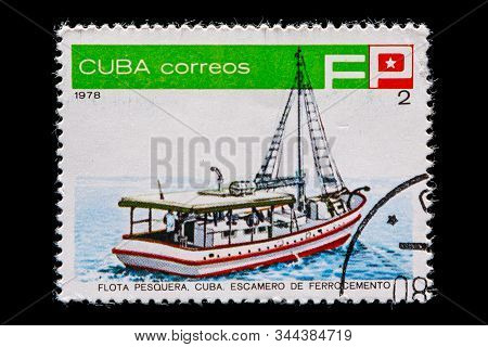 Novosibirsk, Russia - January 07, 2020: Stamp Printed In Cuba Shows Cuba Fishing Fleet Aft Trawler. 
