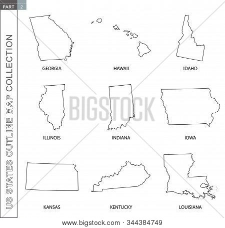 Outline Map Of Us States Collection, Nine Black Lined Vector Map Of Georgia, Hawaii, Idaho, Illinois