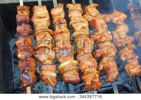 Grilled Pork Neck Fillet Steaks On Grilled Plate