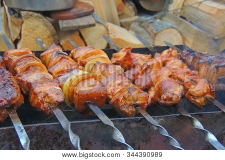 Grilled Pork Neck Fillet Steaks On Grilled Plate
