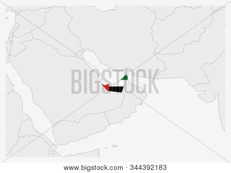 United Arab Emirates Map Highlighted In Uae Flag Colors, Gray Map With Neighboring Countries.