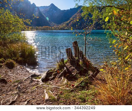 Sunshiny Idyllic Colorful Autumn Alpine View. Peaceful Autumn Alps Mountain Lake, Offensee Lake, Sal