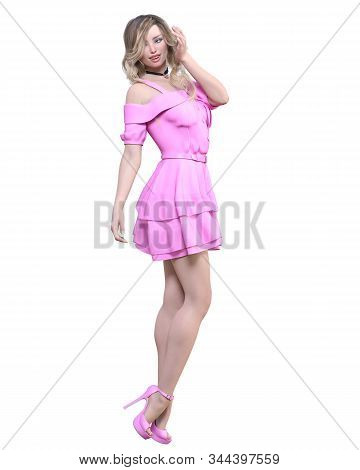 Beautiful Blonde Woman In Light Summer Waving Dress.
