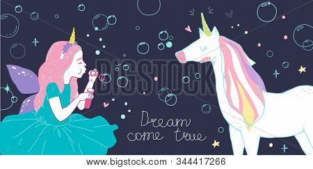 Girl Dressed As Fairies And Cute Unicorn