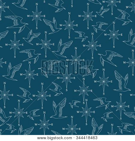 Vector Navy Blue Seamless Pattern Basckground With Wind Rose And Seagull