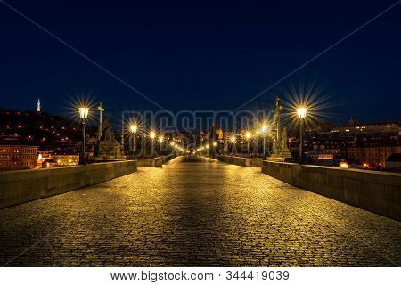Night View Of Charles Bridge In Prague. Czech Republic