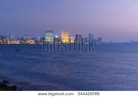 Night View Of Waterfront From Chowpatty Beach In Mumbai. India