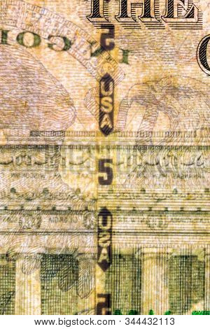 Plastic Security Strip Inside 5 Usd Banknote. Security Strip On American Banknote Created To Prevent