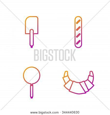 Set Line Croissant , Frying Pan , Spatula And French Baguette Bread . Gradient Color Icons. Vector