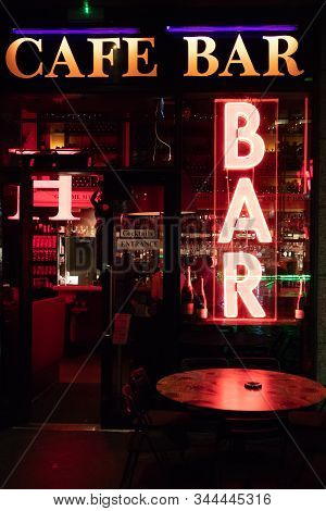Neon Light Sign With Bar And Caffe. Bar And Caffe Neon Sign. Dublin Ireland September 2019