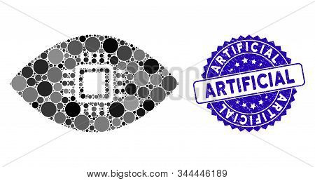 Mosaic Artificial Vision Icon And Distressed Stamp Watermark With Artificial Text. Mosaic Vector Is 