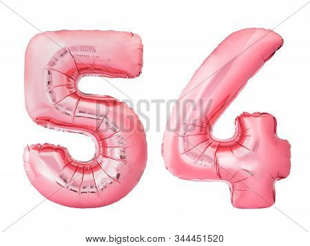 Number 54 Fifty Four Made Of Rose Gold Inflatable Balloons Isolated On White Background