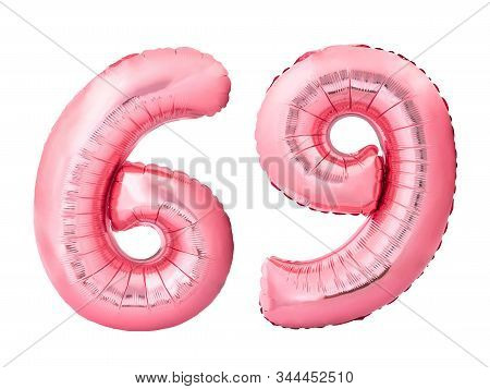 Number 69 Sixty Nine Made Of Rose Gold Inflatable Balloons Isolated On White Background