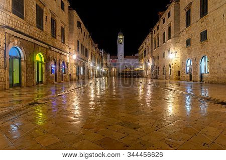 Main Street Of The Old Town Of Stradun In Night Illumination. Dubrovnik. Croatia.