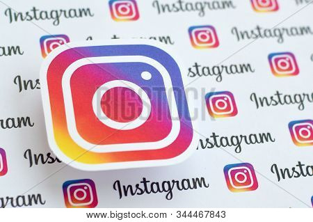 Instagram Pattern Printed On Paper With Small Instagram Logos And Inscriptions. Instagram Is America