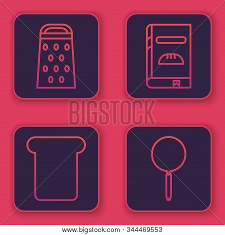 Set Line Grater , Bread Toast, Cookbook And Frying Pan . Blue Square Button. Vector