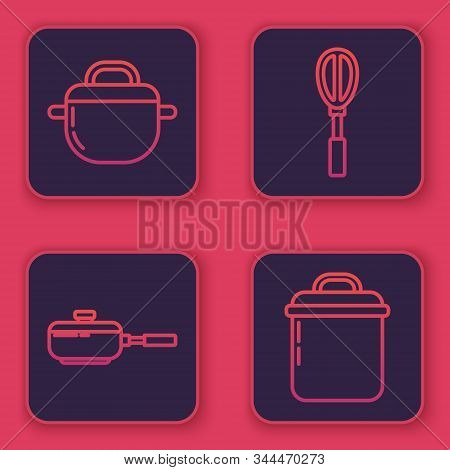 Set Line Cooking Pot , Frying Pan , Kitchen Whisk And Cooking Pot . Blue Square Button. Vector