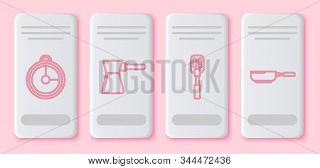 Set Line Kitchen Timer , Coffee Turk , Spatula And Frying Pan . White Rectangle Button. Vector