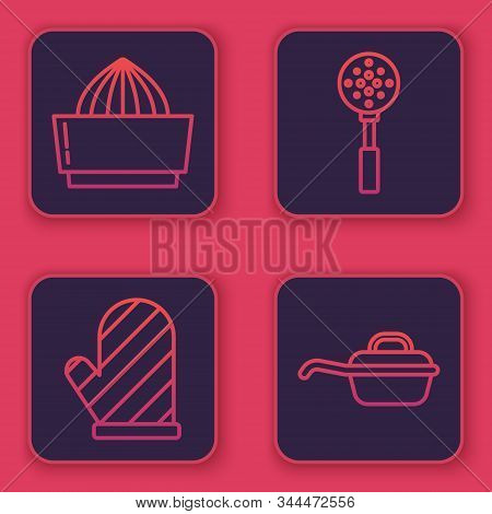 Set Line Citrus Fruit Juicer , Oven Glove , Spatula And Frying Pan . Blue Square Button. Vector