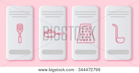 Set Line Spatula , Frying Pan , Grater And Kitchen Ladle . White Rectangle Button. Vector