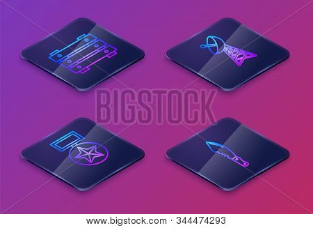Set Isometric Line Military Ammunition Box, Military Reward Medal , Radar And Military Knife . Blue 