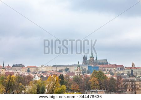 Panorama Of The Old Town Of Prague, Czech Republic, In Autumn, At Fall, With Hradcany Hill And The P
