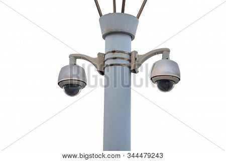 Two Surveillance Wireless Camera On A Pillar,double Security Camera Equipment Isolated On White Back