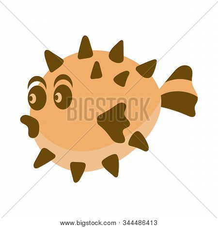 Puffer Fish, Hedgehog Fish, Marine Life. Cute Character Is Drawn In Cartoon Style, Isolated On A Whi