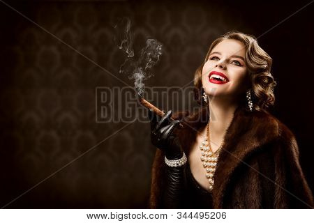 Woman Smoking Cigar, Fashion Model Retro Beauty Style, Happy Old Fashioned Lady