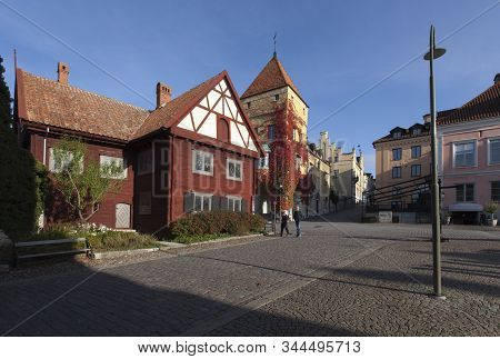 Visby, Sweden On October 11. Street View Of Buildings On October 11, 2019 In Visby, Sweden. Old Hous