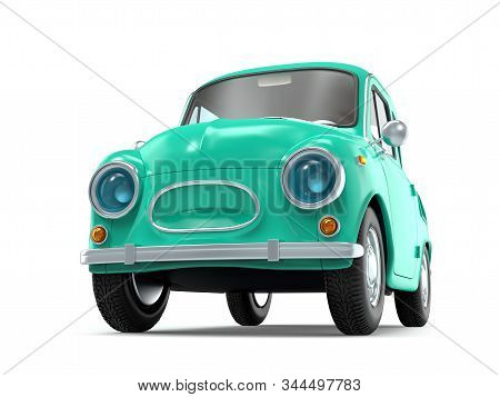 Small And Cute Cartoon Bunchy Retro Car Isolated On White Background. 3d Illustration