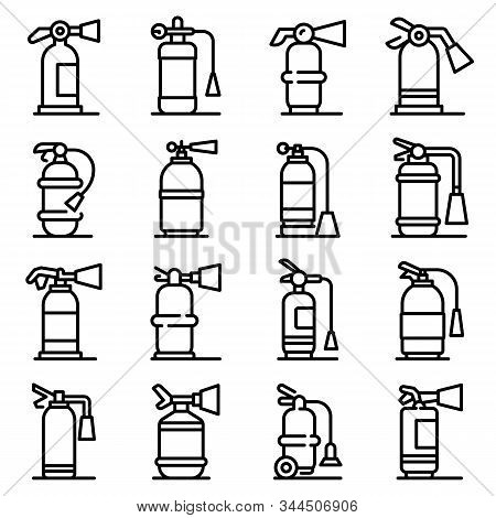 Fire Extinguisher Icons Set. Outline Set Of Fire Extinguisher Vector Icons For Web Design Isolated O