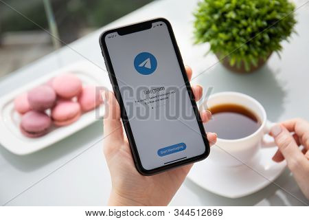Anapa, Russia - October 5, 2019: Woman Hand Holding Iphone 11 With Social Networking Service Telegra