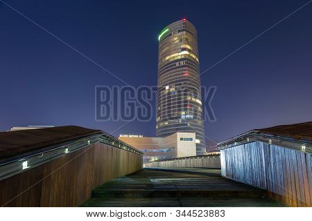 Bilbao, Spain - January 12, 2020: Landscape Of Bilbao, The Iberdrola Tower At Night.