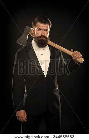 Tuxedo Party Boss. Brutal Man Hispter Hold Axe Black Background. Confident Businessman Formal Suit. 