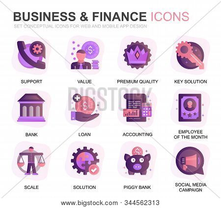 Modern Set Business And Finance Gradient Flat Icons For Website And Mobile Apps. Contains Such Icons