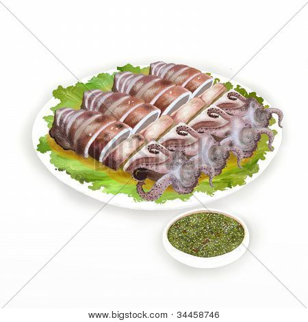Barbequed chobotnice s mořskými plody chilli omáčka