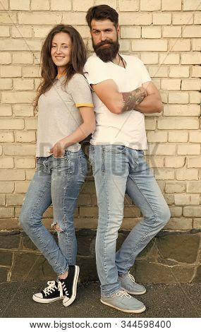 Romance Is What Takes Your Relationship Past Friendship. Couple In Love Standing On Brick Wall. Sens
