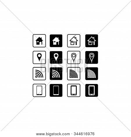 Minimalist Black And White Phone Icon. Home, Phone Icon, Location And Connection Using Basic Flat De