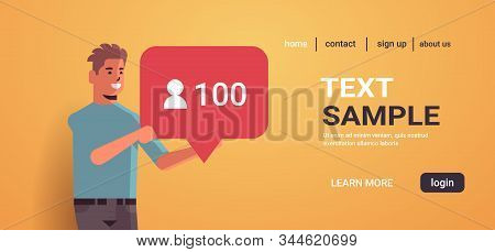 Man Holding Notification Icon Blogger Excited About Followers Activity On Social Media Networking Bl