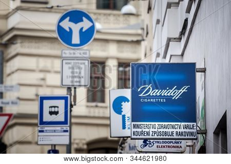 Brno, Czechia - November 5, 2019: Davidoff Cigarettes Logo In Front Of Their Retailer In Brno. David