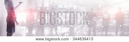 Ommunication Network. Horizontal Panoramic Business Background. Organisational Structure On Virtual 