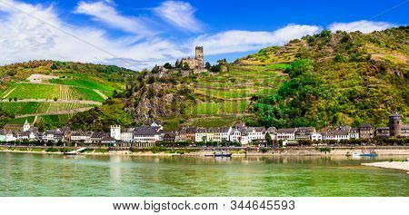 Rhine river cruises,  Kaub town and medieval castle Gutenfels. Germany travel and landmarks