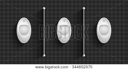 Men Lavatory, Wc Realistic Vector Illustration. Public Male Toilet, Contemporary Restroom Interior W