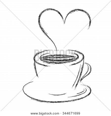Vector Pencil Drawing Of A Cup Of Coffee Or Tea With Steam In The Form Of A Heart. Isolated On White
