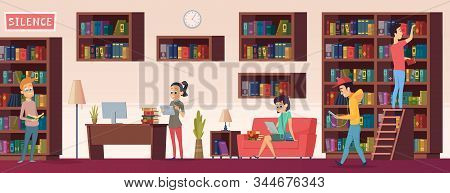 School Library. People With Books Students Sitting And Reading In Biblioteca Interior With Bookshelv