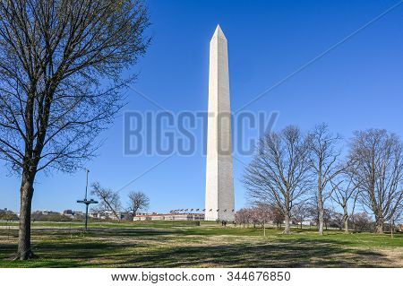 Washington Dc, Usa - March 27, 2019: Washington Monument Viewed From National Mall During Spring 201