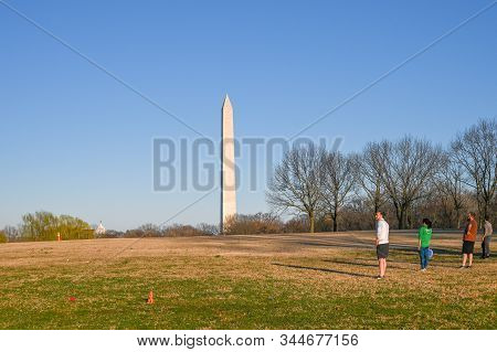 Washington Dc, Usa - March 27, 2019: Washington Monument Viewed From National Mall During Spring 201