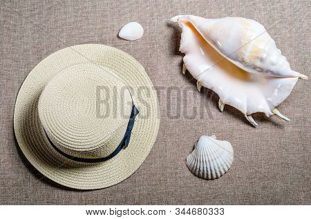 Vacation Flat View With Straw Hat And Big Ocean Sea Shells On The Mat